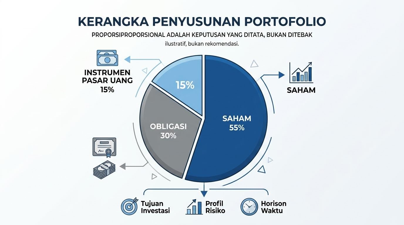 Diagram lingkaran alokasi aset dalam portofolio dengan pembagian antara instrumen pasar uang, obligasi, dan saham
