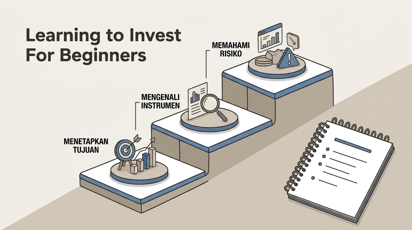 Bahan edukasi investasi dasar tersusun sebagai langkah belajar bertahap dengan diagram tujuan dan instrumen