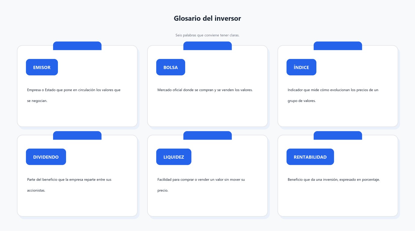 Tarjetas de glosario con términos básicos del mercado