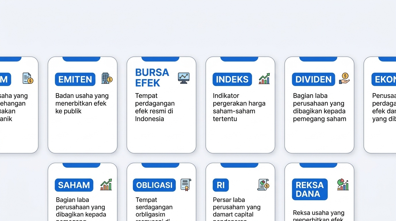 Kumpulan istilah dasar pasar modal disusun sebagai kartu glosarium dengan penjelasan singkat di sampingnya