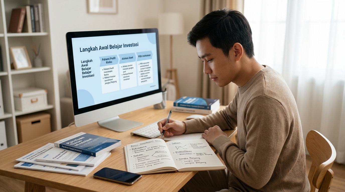 Pembaca pemula menelusuri bahan referensi wawasan investasi di meja belajar dengan buku catatan dan layar laporan